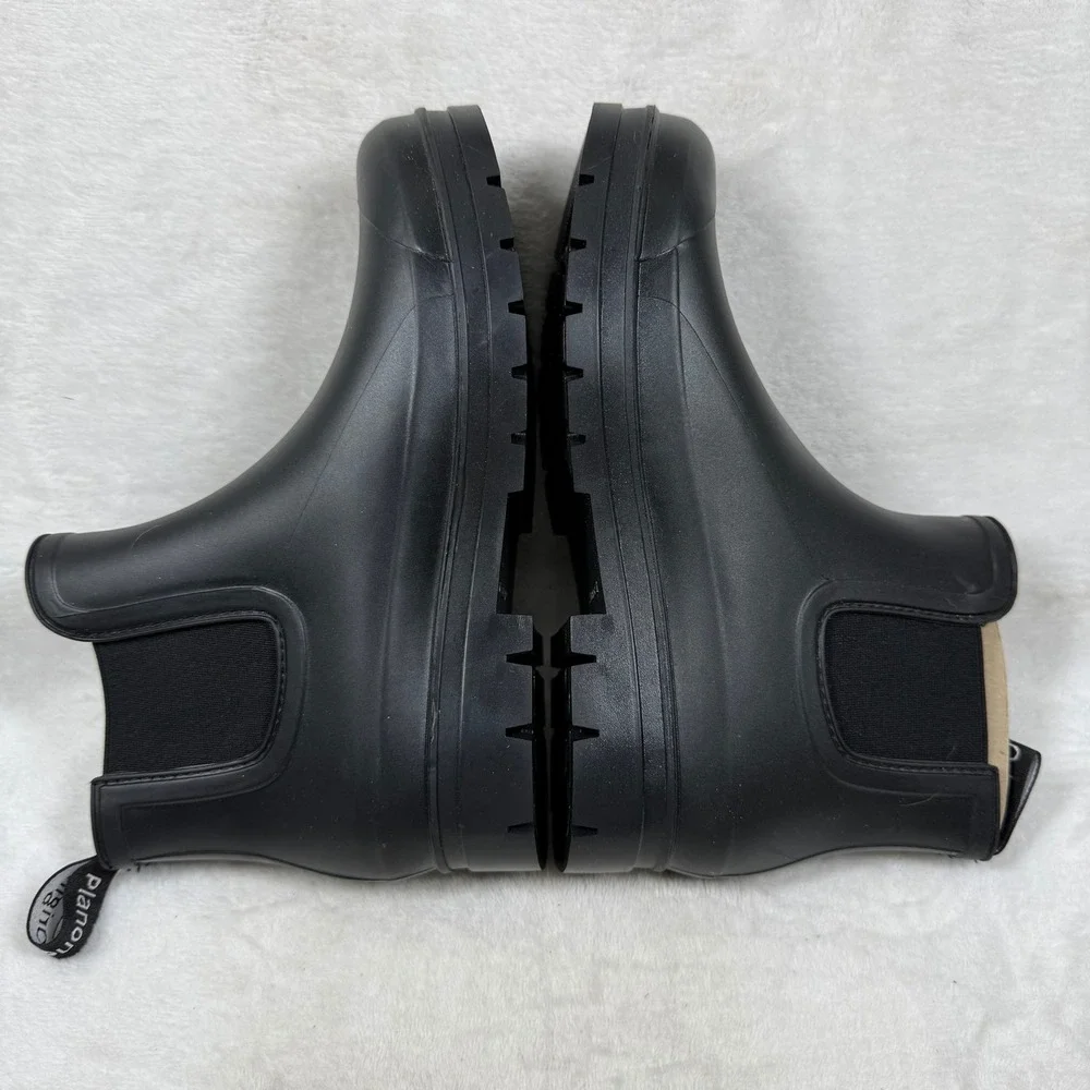 Planone Womens Chelsea Rain Boots Black Rubber Waterproof Ankle Lug Sole 37 US 7